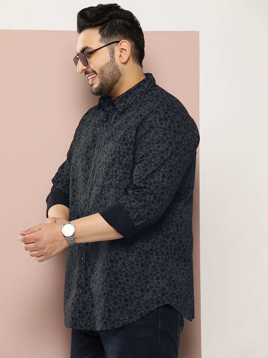 

Sztori Men Plus Size Original Floral Printed Casual Shirt, Black