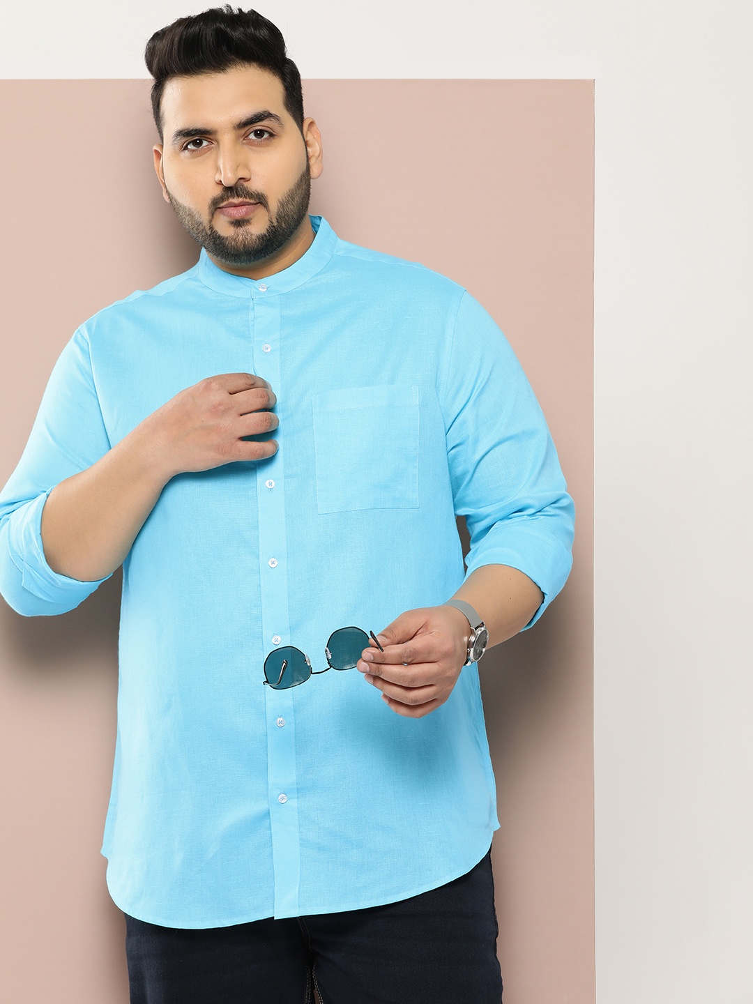 

Sztori Men Original Mandarin Collar Pure Cotton Casual Shirt, Turquoise blue