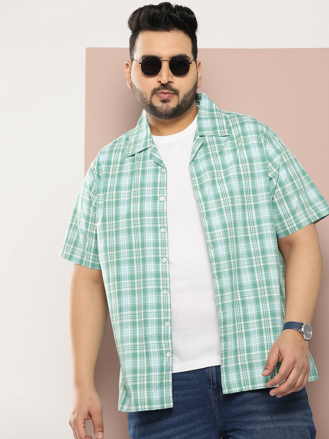 

Sztori Men Plus Size Original Checked Pure Cotton Casual Shirt, Green