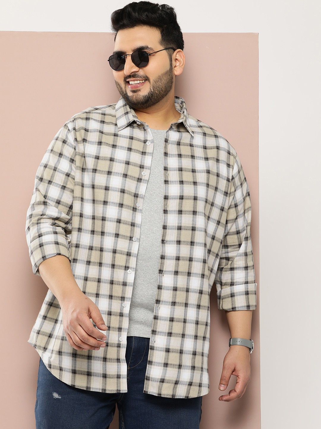 

Sztori Men Plus Size Original Checked Casual Shirt, Beige