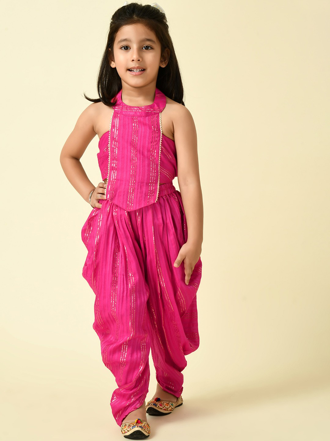 

BAESD Girls Striped Halter Neck Top With Dhoti Pant, Pink