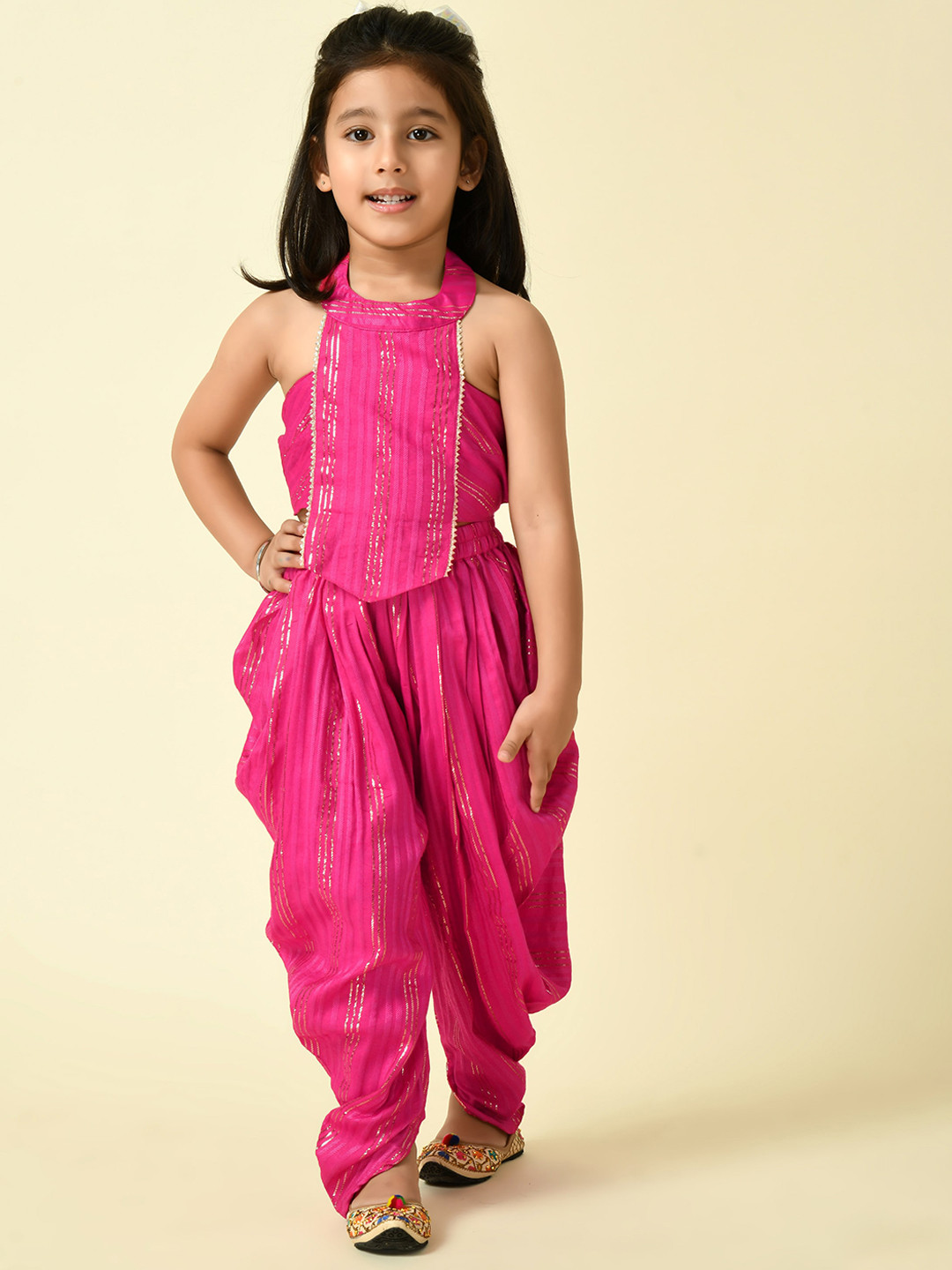 

BAESD Girls Striped Halter Neck Top With Dhoti Pant, Pink