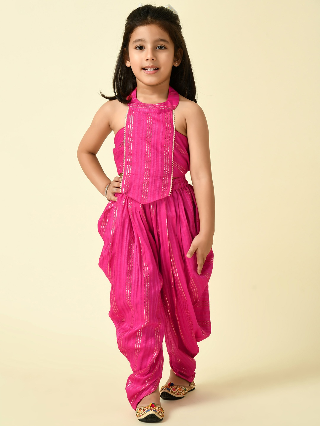 

BAESD Girls Striped Halter Neck Top With Dhoti Pant, Pink