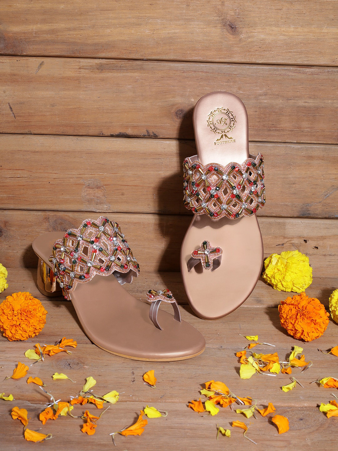 

AZ Footwear Embellished Open Toe Block Heels, Rose gold