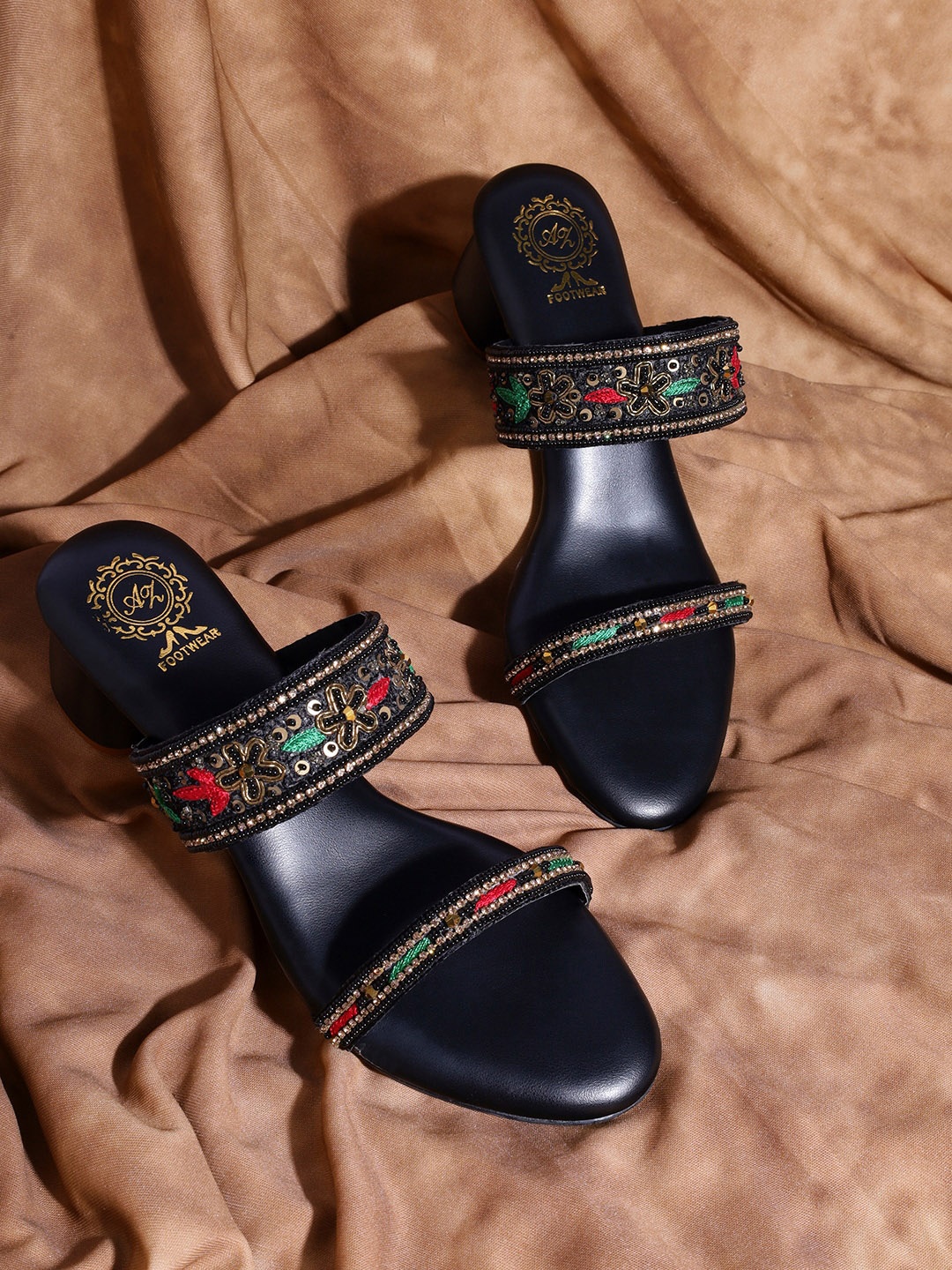 

AZ Footwear Embroidered Strappy Block Heels, Black