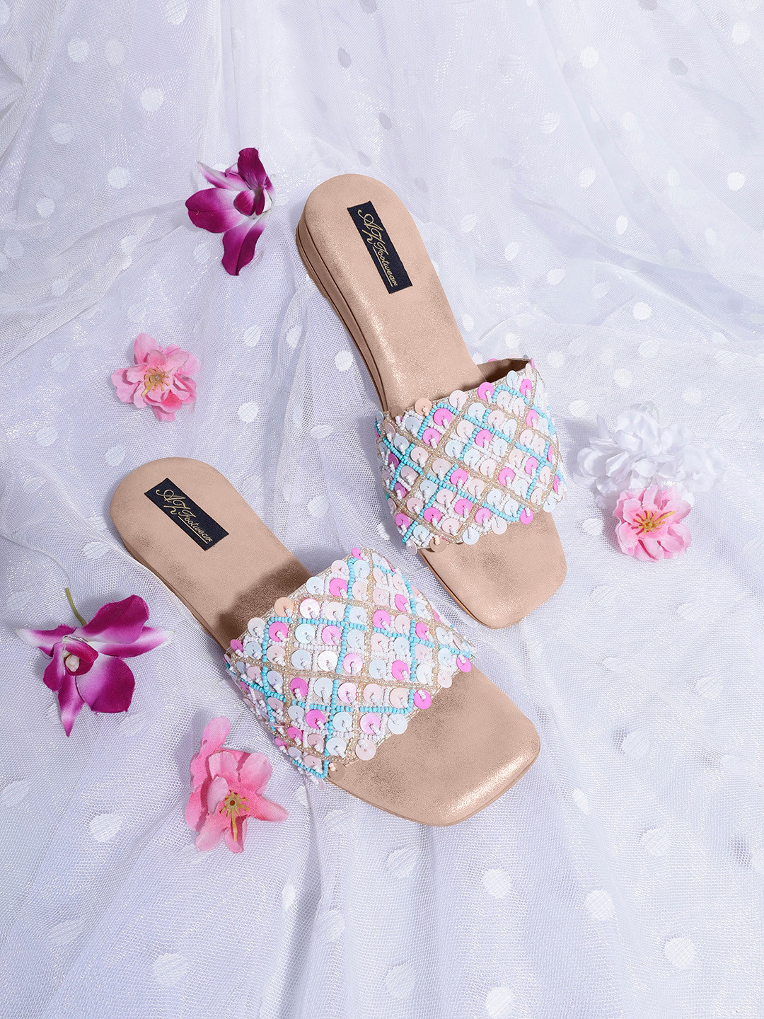 

AZ Footwear Embellished Open Toe Flats, Pink