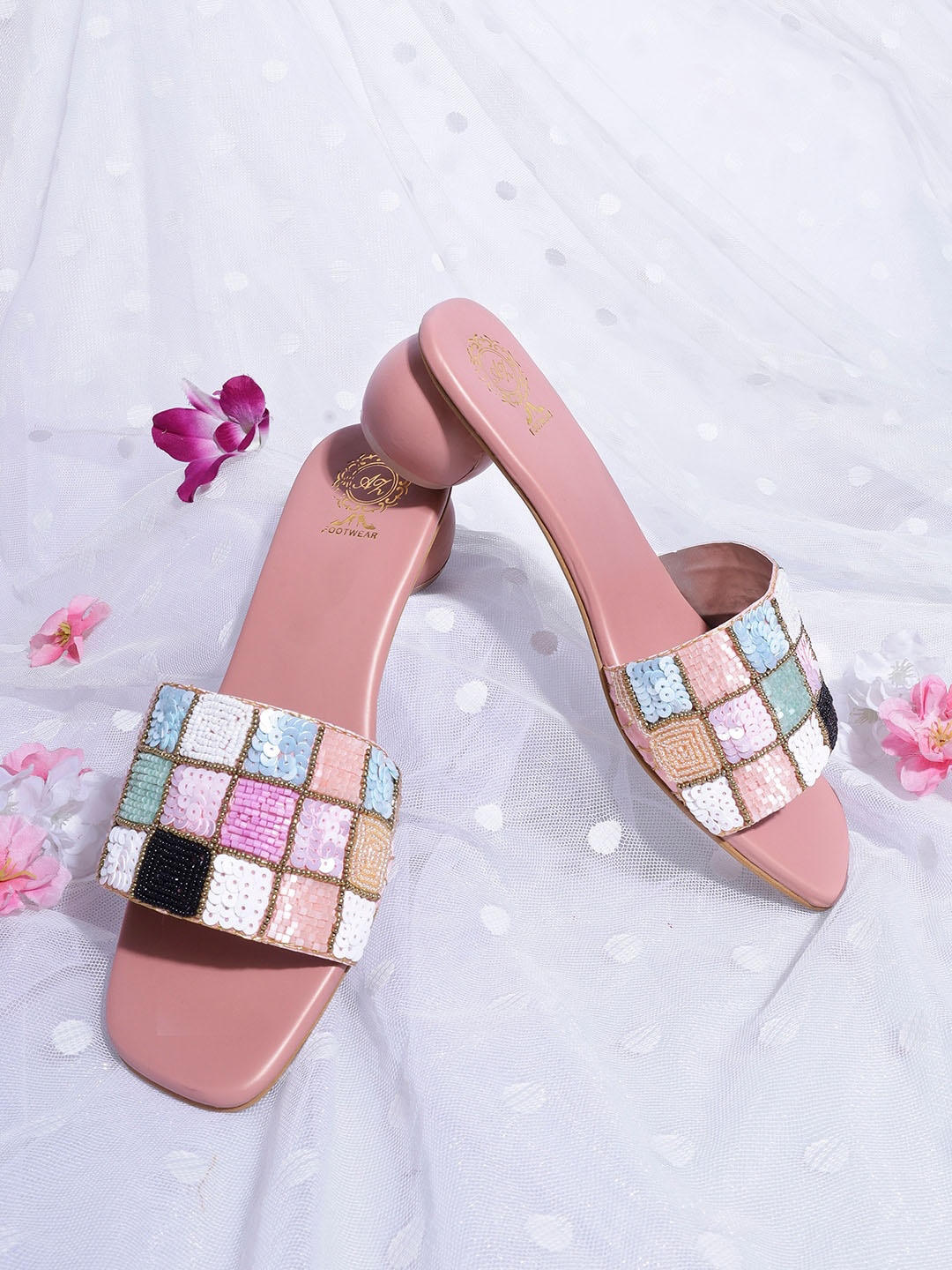 

AZ Footwear Embellished Open Toe Block Heels, Pink