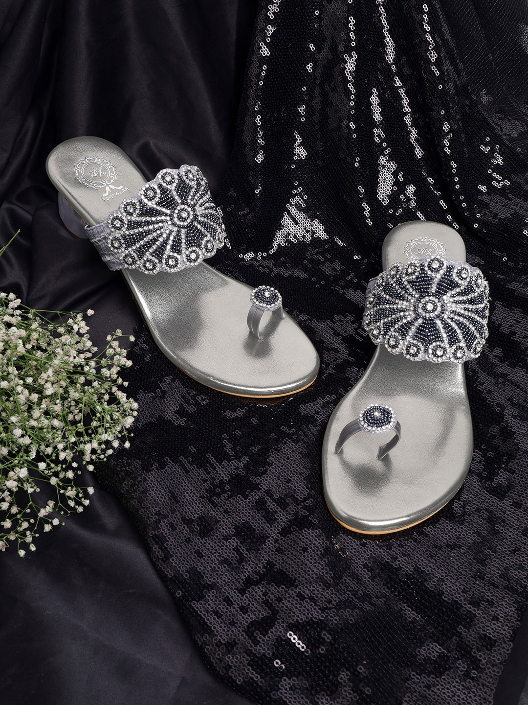 

AZ Footwear Embellished One Toe Block Heels, Silver