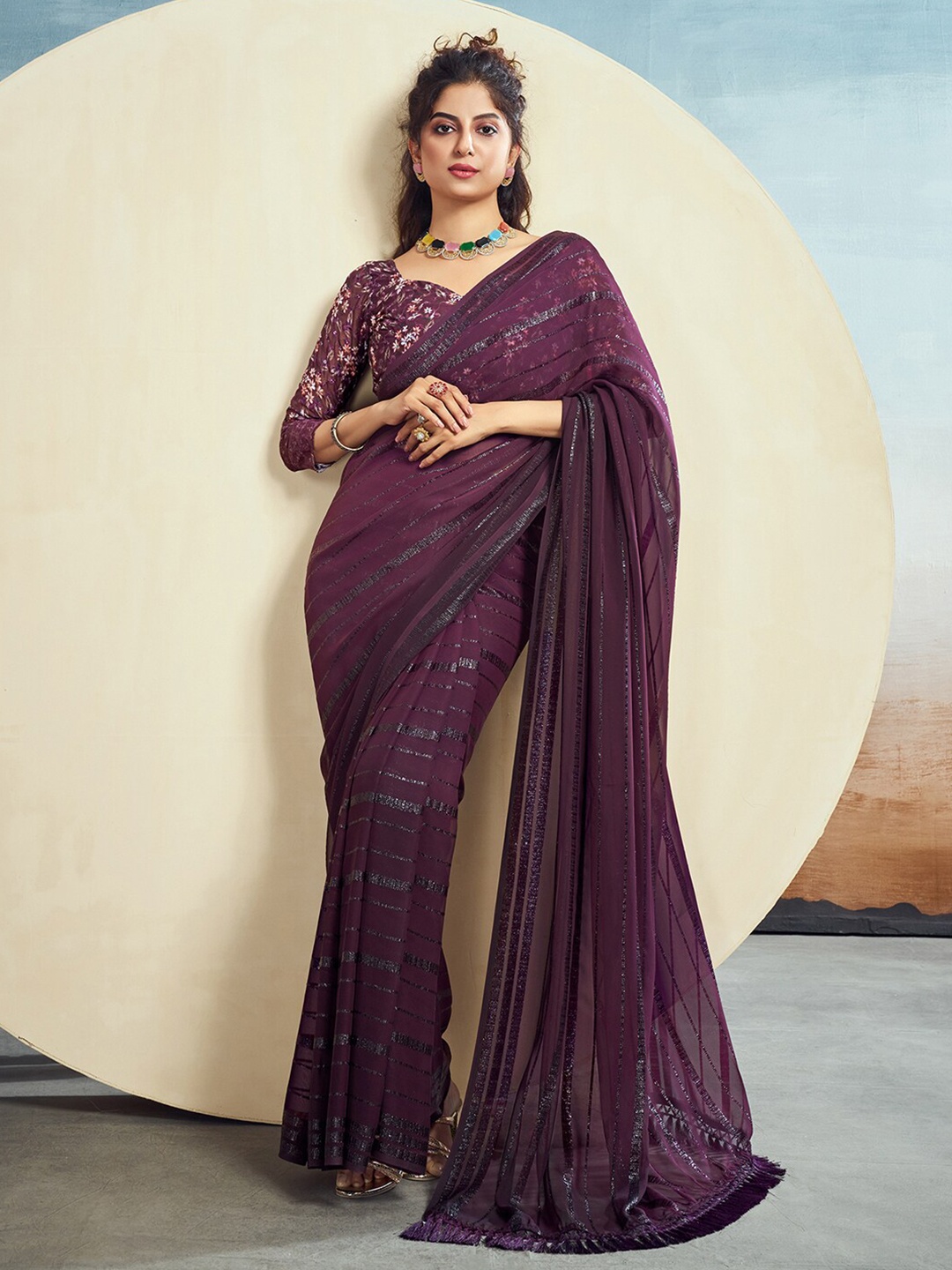 

Satrani Striped Zari Saree, Purple