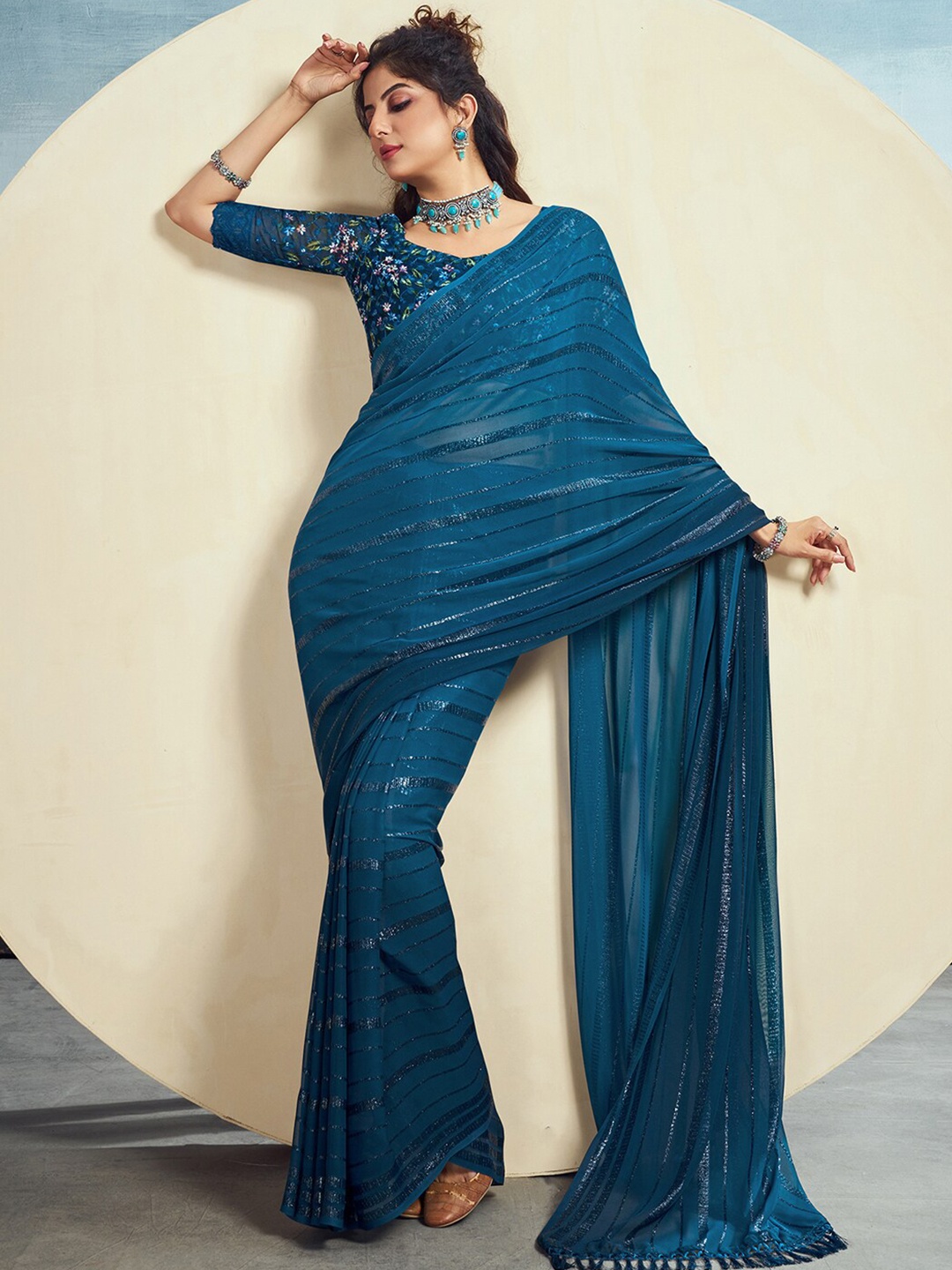 

Satrani Striped Zari Saree, Blue