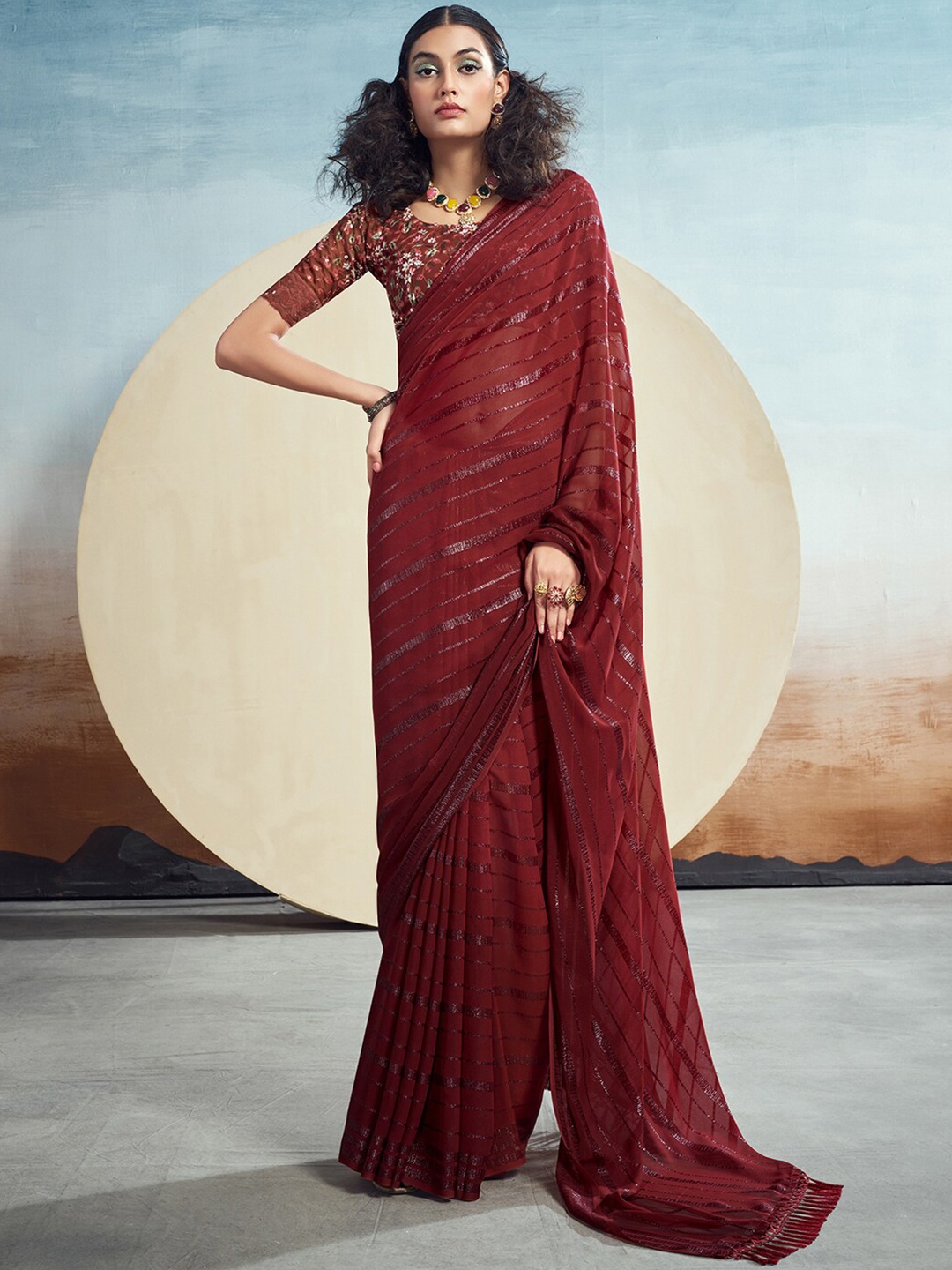 

Satrani Striped Zari Poly Georgette Saree, Maroon