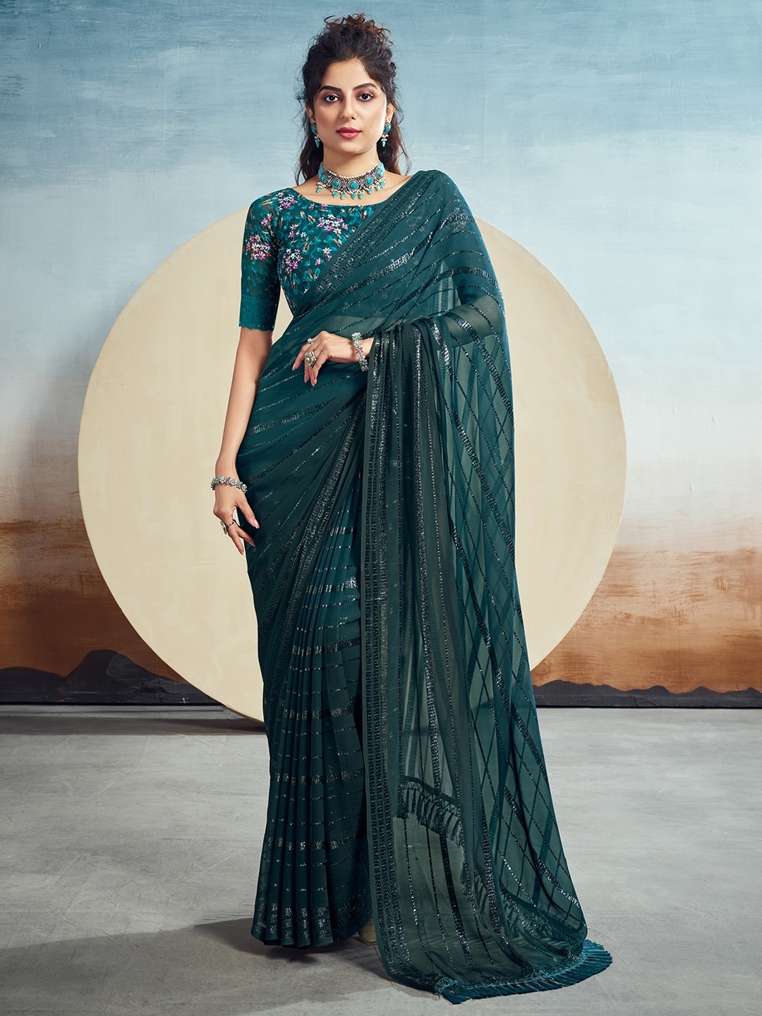 

Satrani Striped Zari Saree, Teal