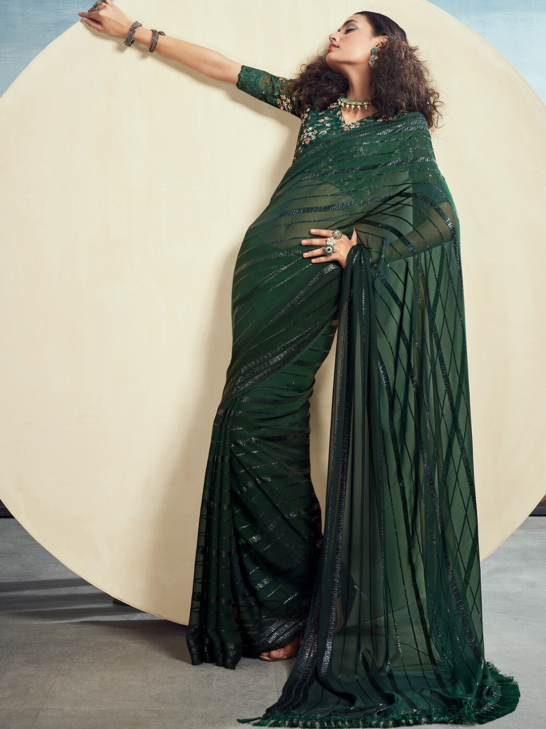 

Satrani Striped Zari Saree, Green