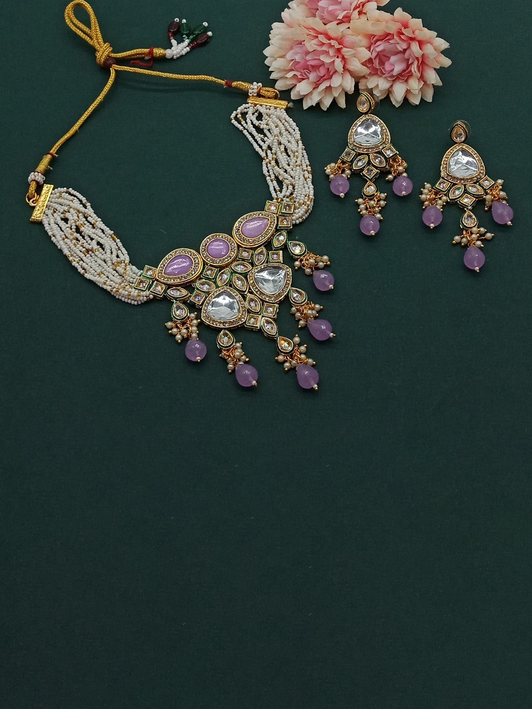 

AASHISH IMITATION Gold-Plated American Diamond-Studded & Beaded Necklace And Earrings