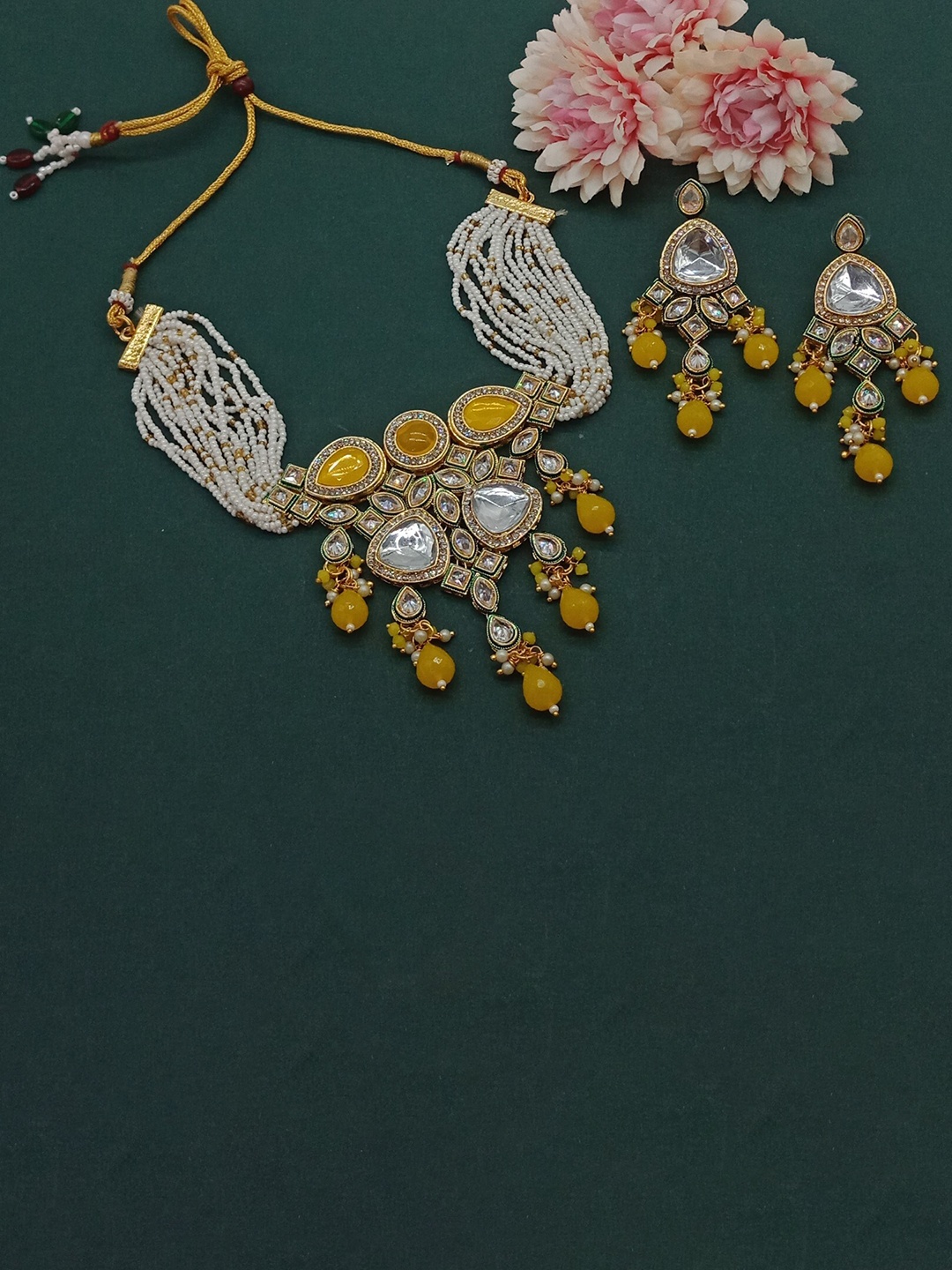 

AASHISH IMITATION Gold-Plated American Diamond-Studded & Beaded Necklace And Earrings