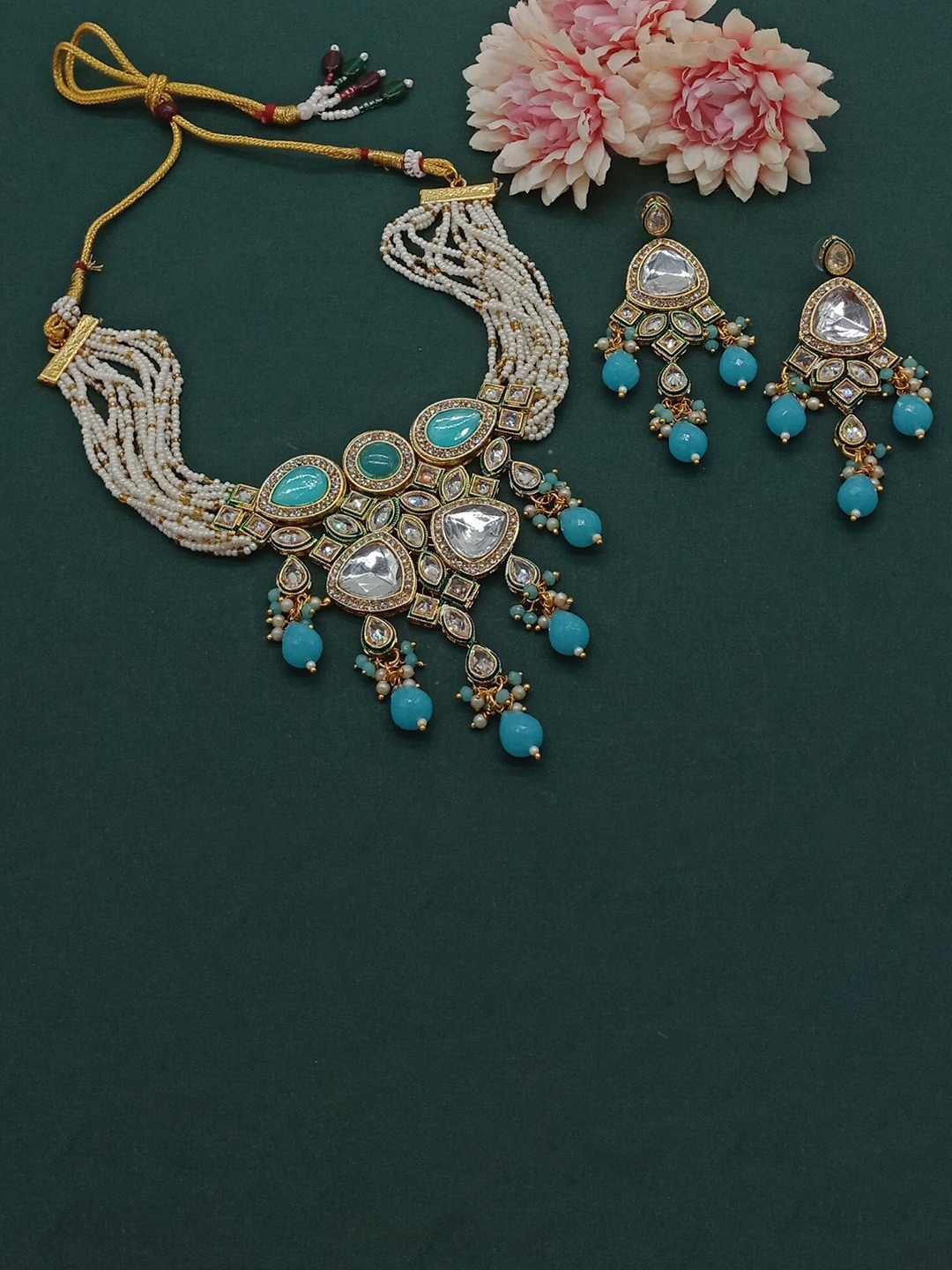 

AASHISH IMITATION Gold-Plated American Diamond-Studded & Beaded Necklace And Earrings