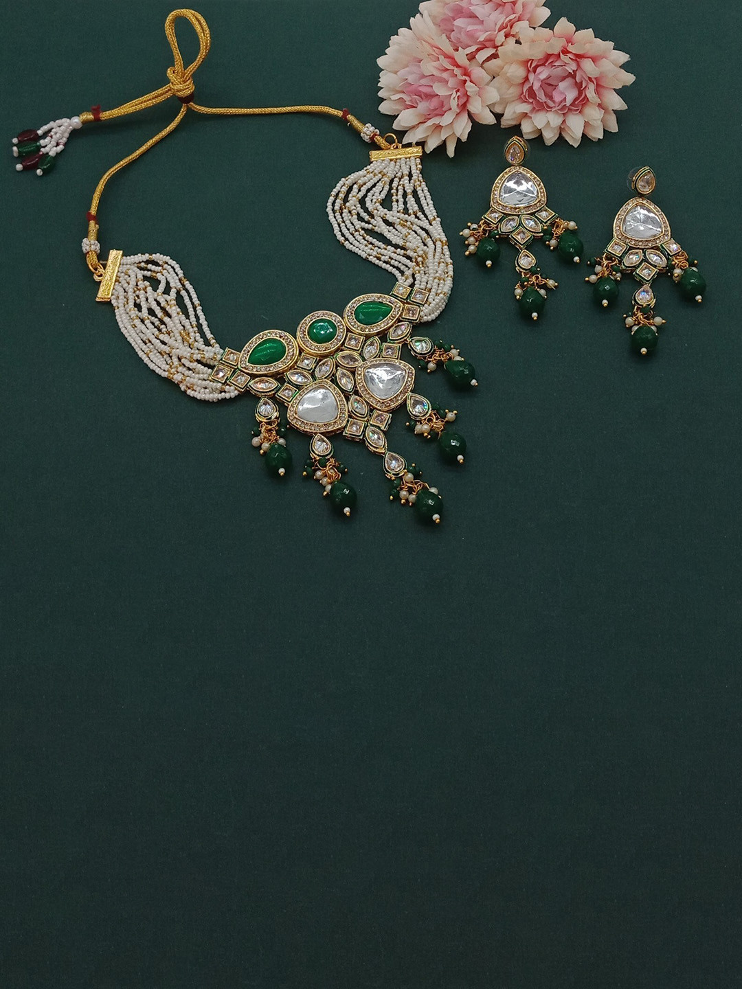 

AASHISH IMITATION Gold-Plated American Diamond-Studded & Beaded Necklace And Earrings