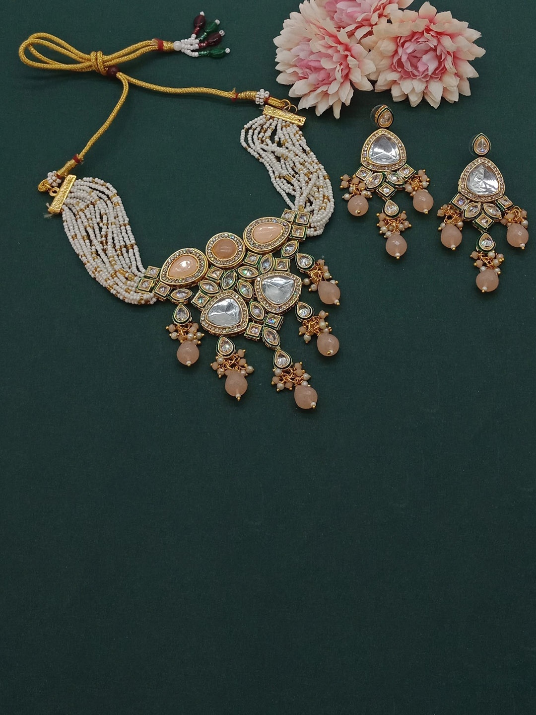 

AASHISH IMITATION Gold-Plated American Diamond-Studded & Beaded Necklace And Earrings