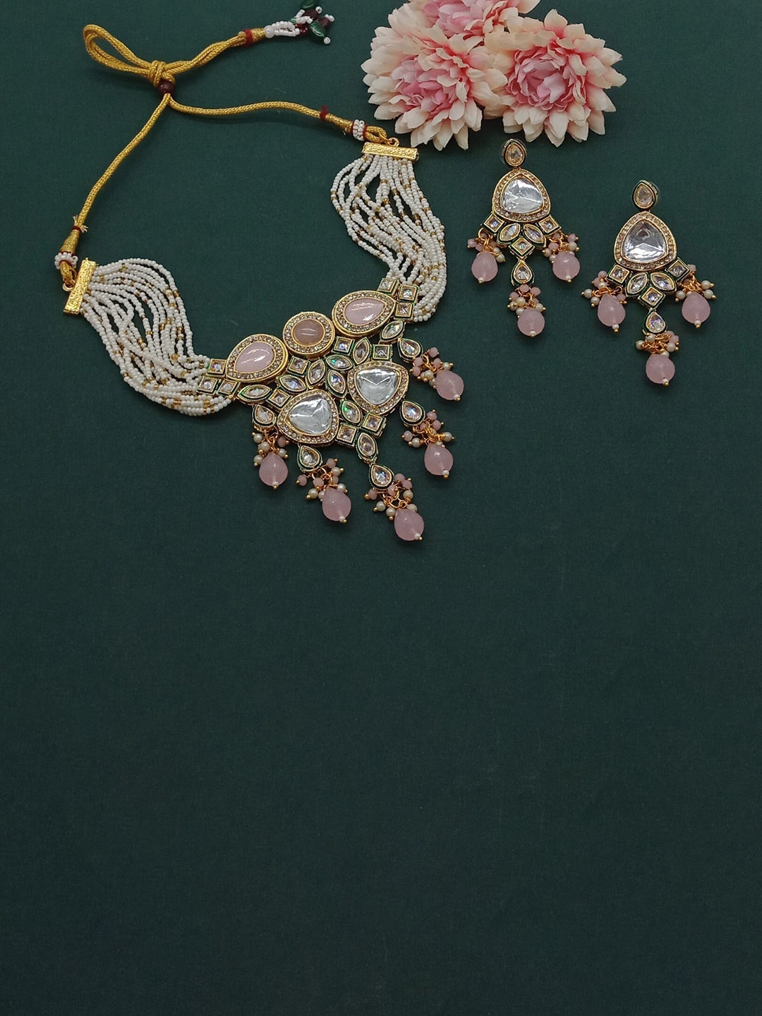 

AASHISH IMITATION Gold-Plated American Diamond-Studded & Beaded Necklace And Earrings