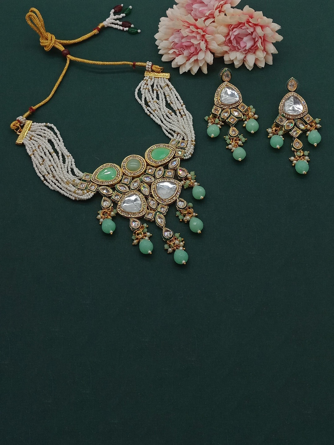 

AASHISH IMITATION Gold-Plated American Diamond-Stones Studded & Beaded Jewellery Set