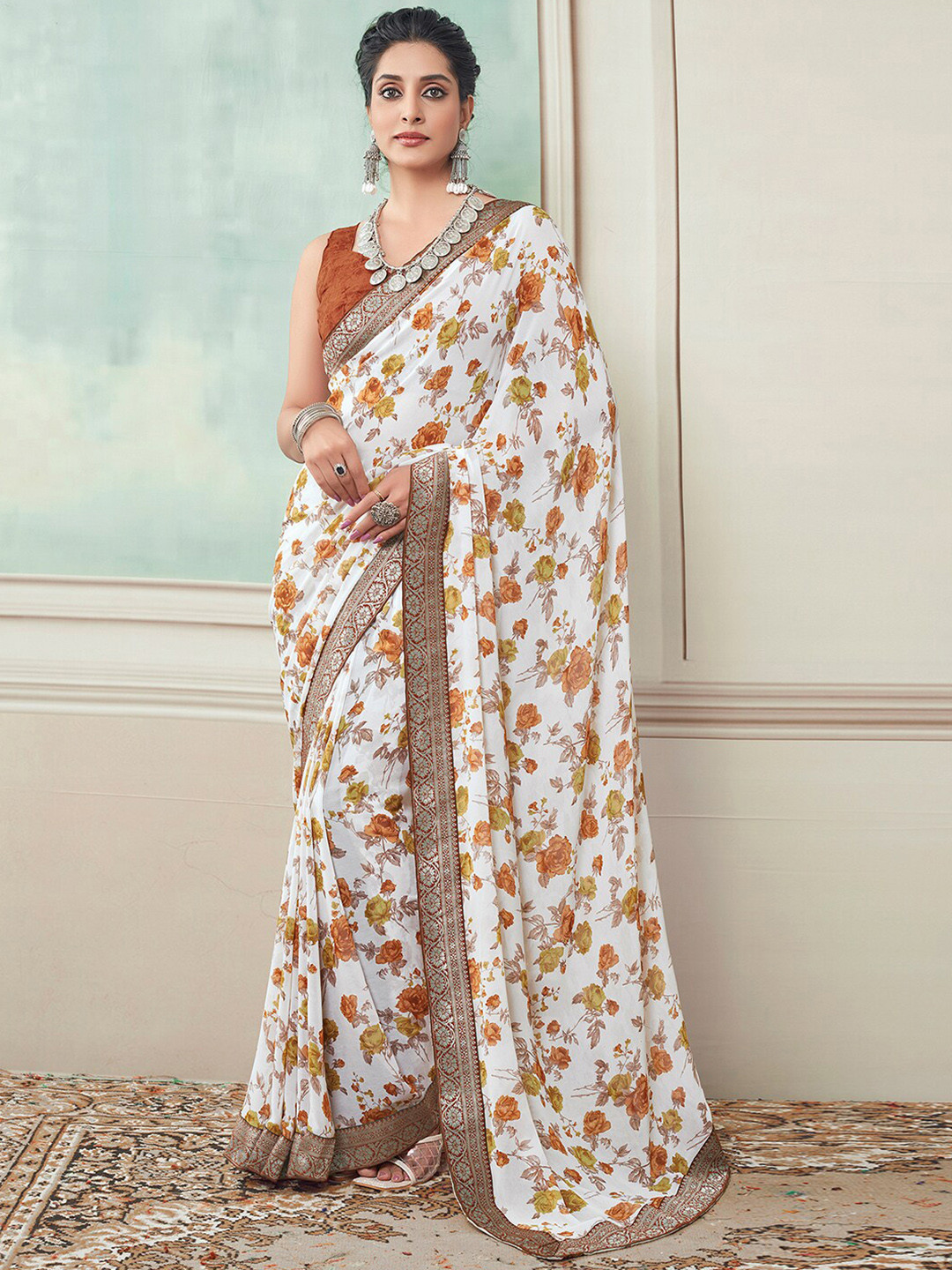 

Mitera Floral Printed Zari Saree, White