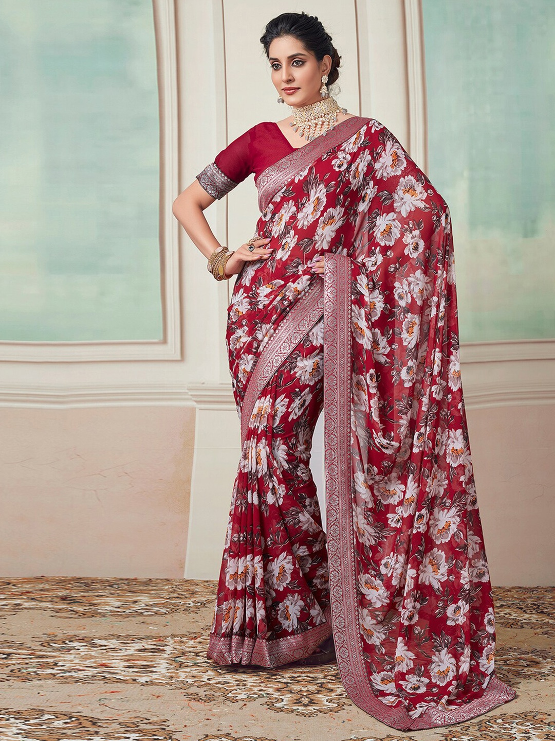 

Mitera Floral Printed Zari Saree, Red