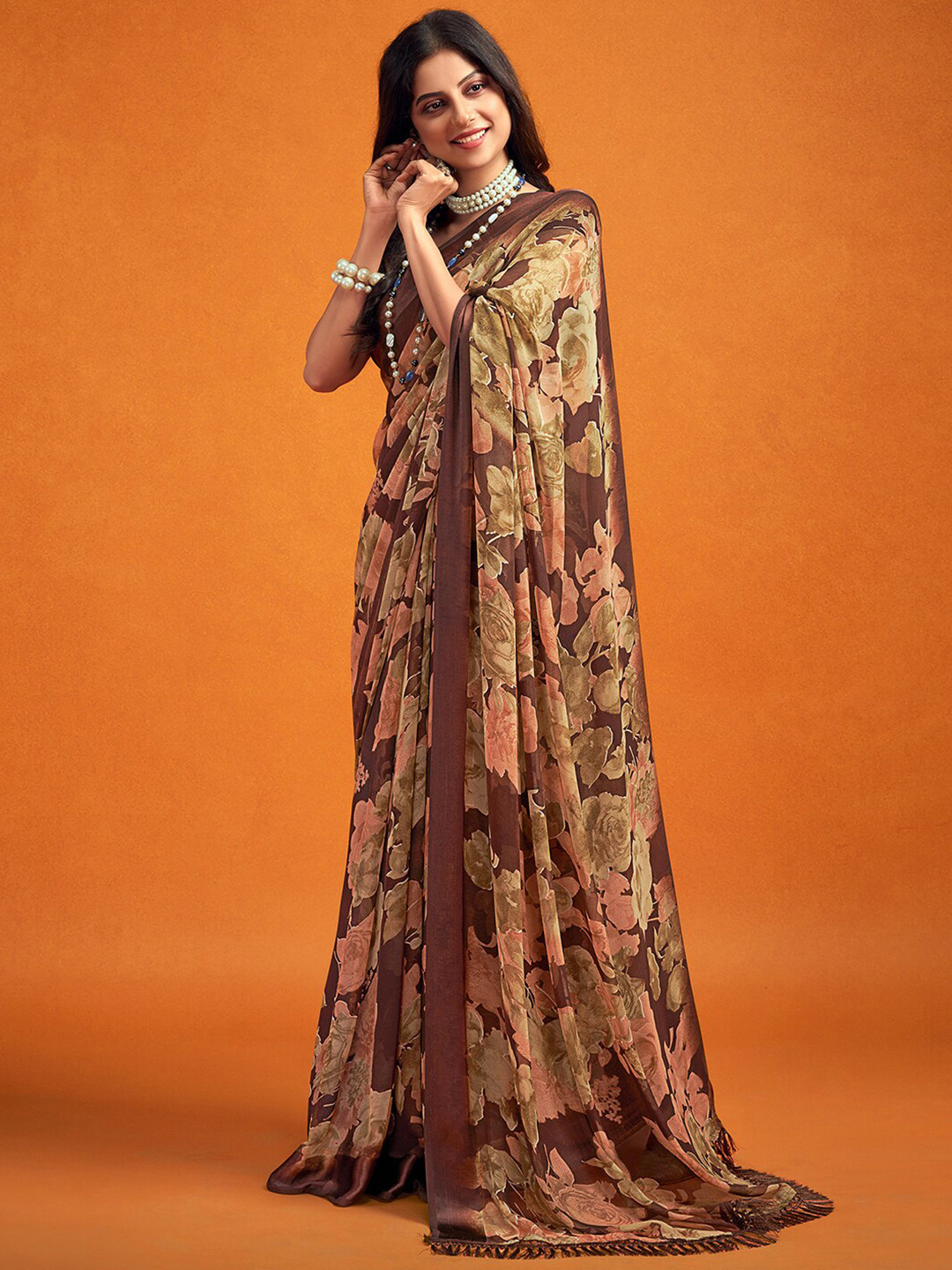 

Mitera Brown & Green Floral Saree