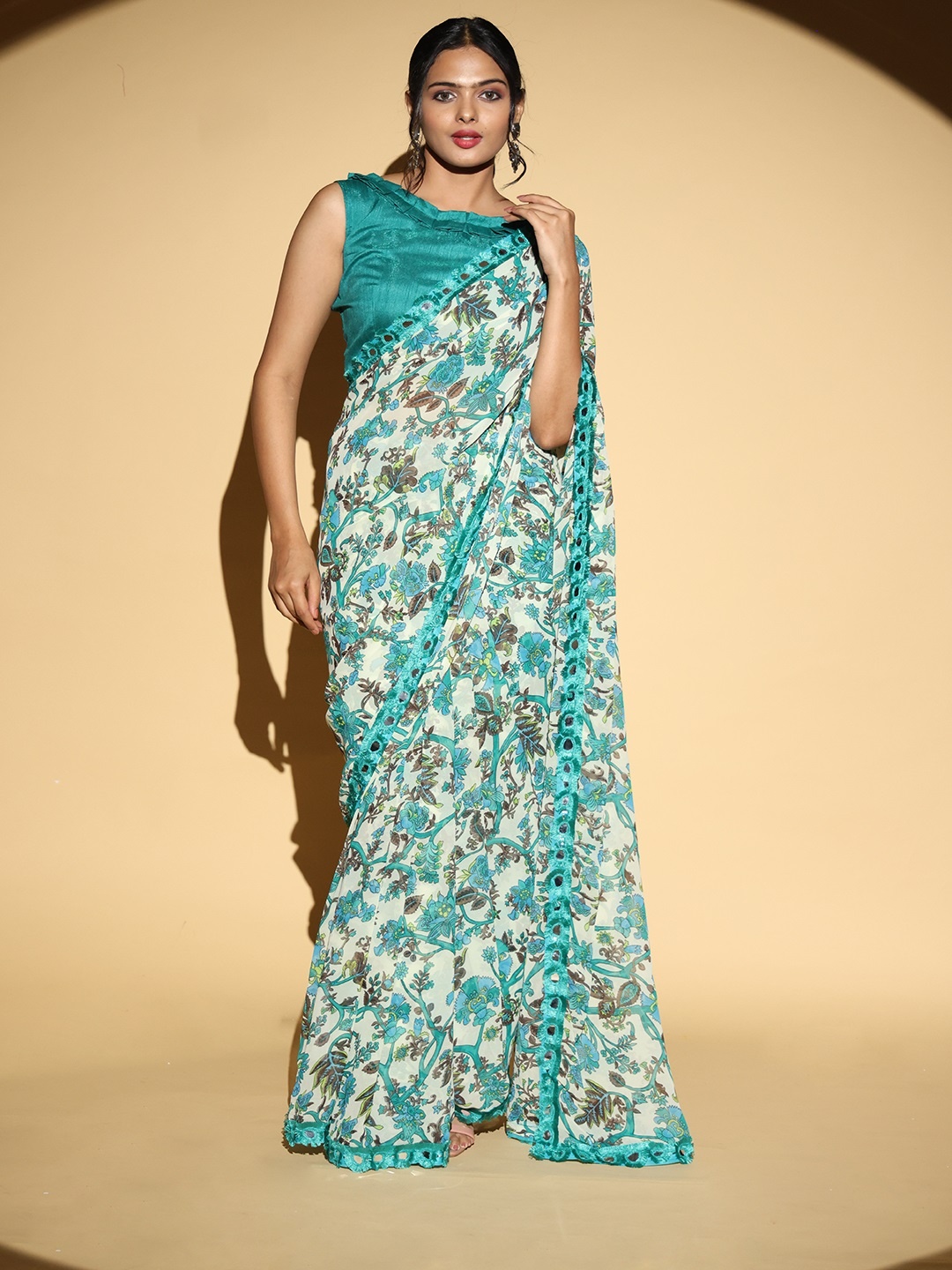 

PATLIPALLU Floral Print Mirror Work Saree, Turquoise blue