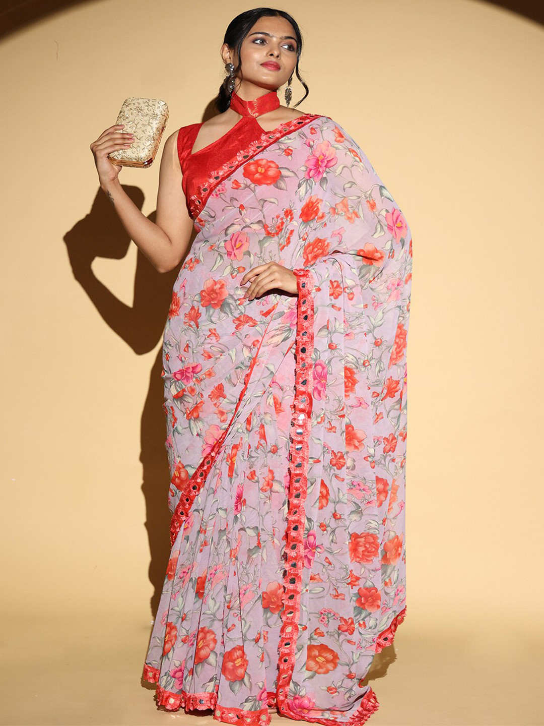 

PATLIPALLU Floral Print Mirror Work Saree, Grey