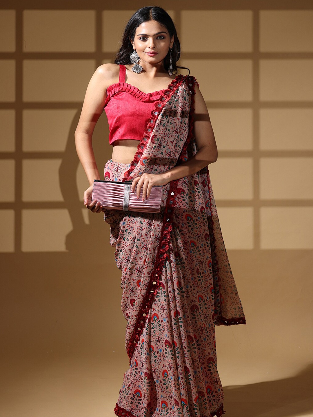 

PATLIPALLU Floral Print Mirror Work Saree, Beige