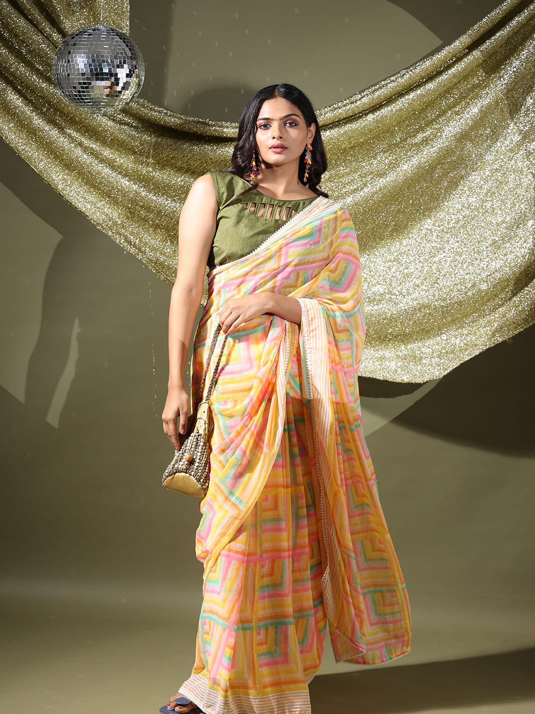 

PATLIPALLU Geometric Print Saree, Yellow
