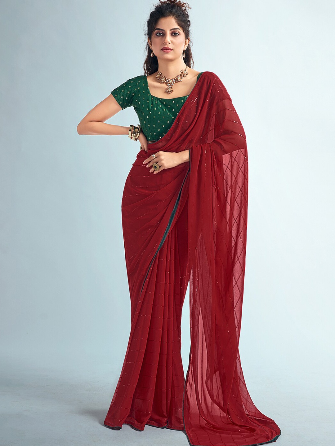 

Mitera Red & Green Striped Sequinned Saree