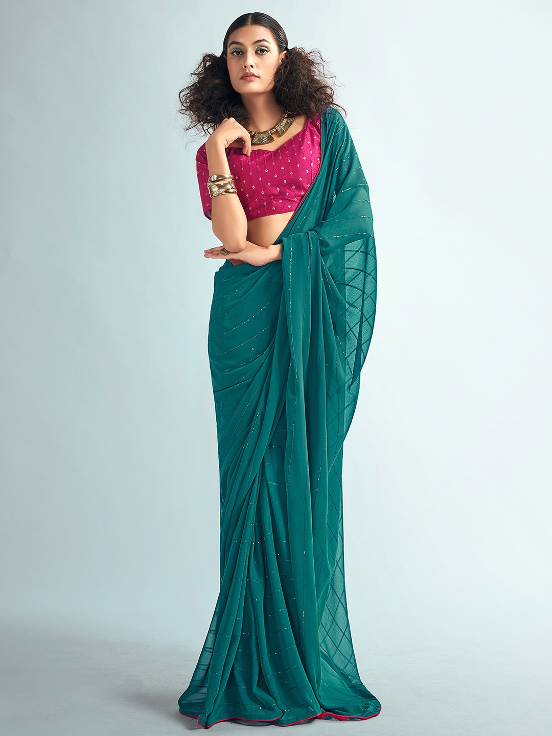 

Mitera Green & Pink Striped Sequinned Saree