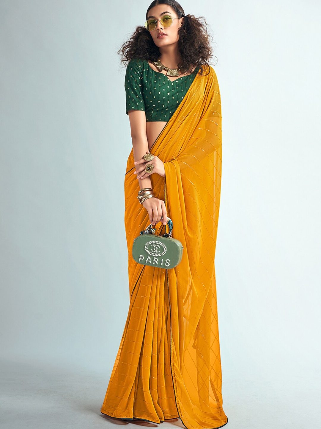 

Mitera Mustard & Green Striped Sequinned Saree