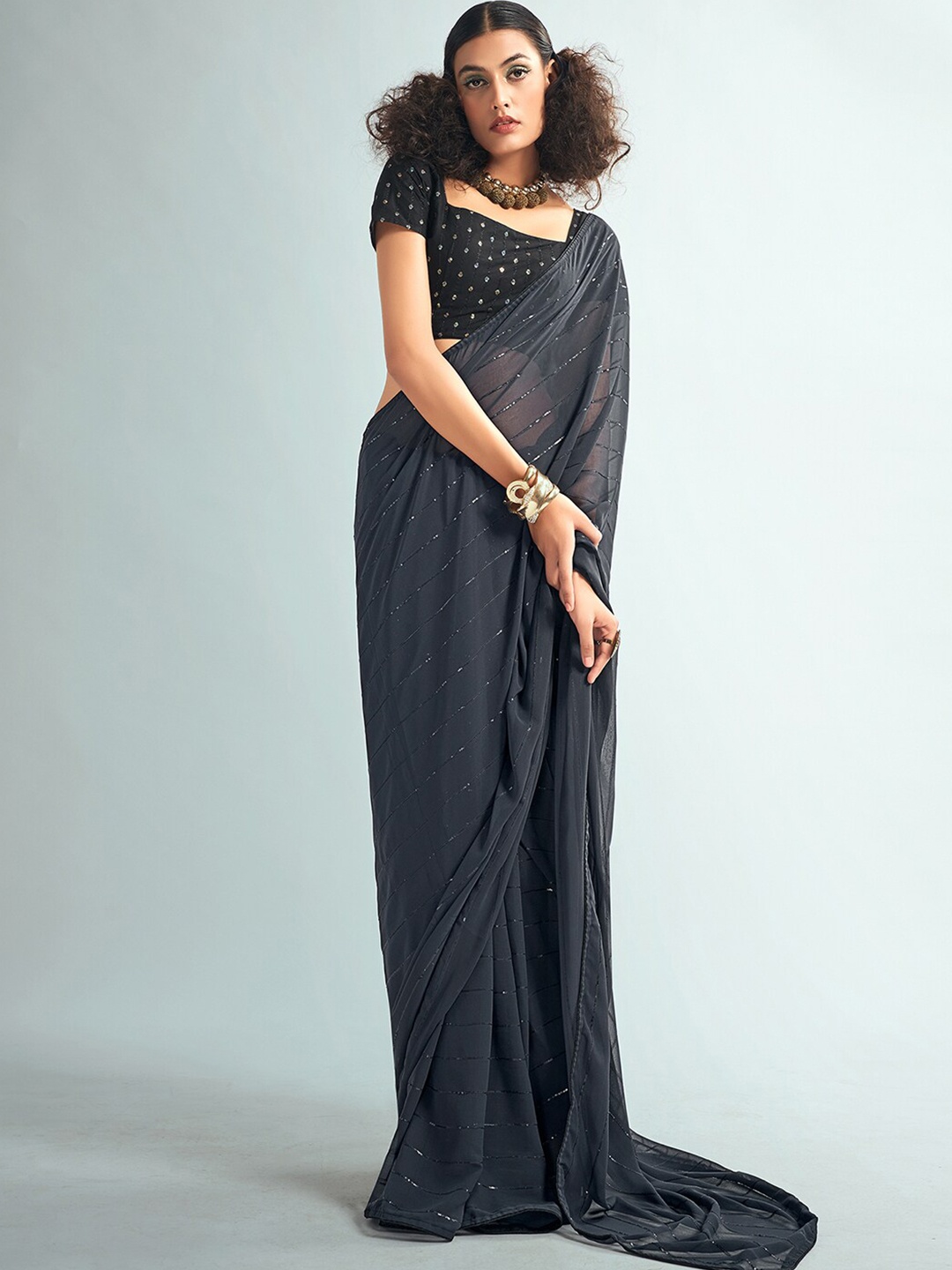 

Mitera Grey & Black Striped Sequinned Saree