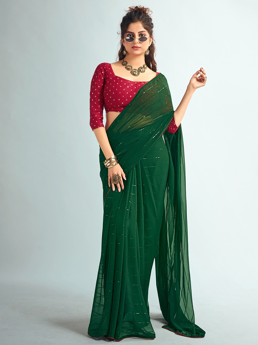 

Mitera Green & red Embellished Sequinned Saree