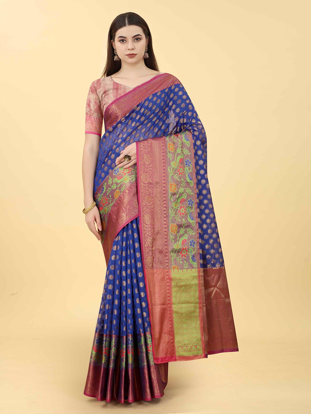 

VANAKARA Floral Woven Design Zari Banarasi Saree, Navy blue