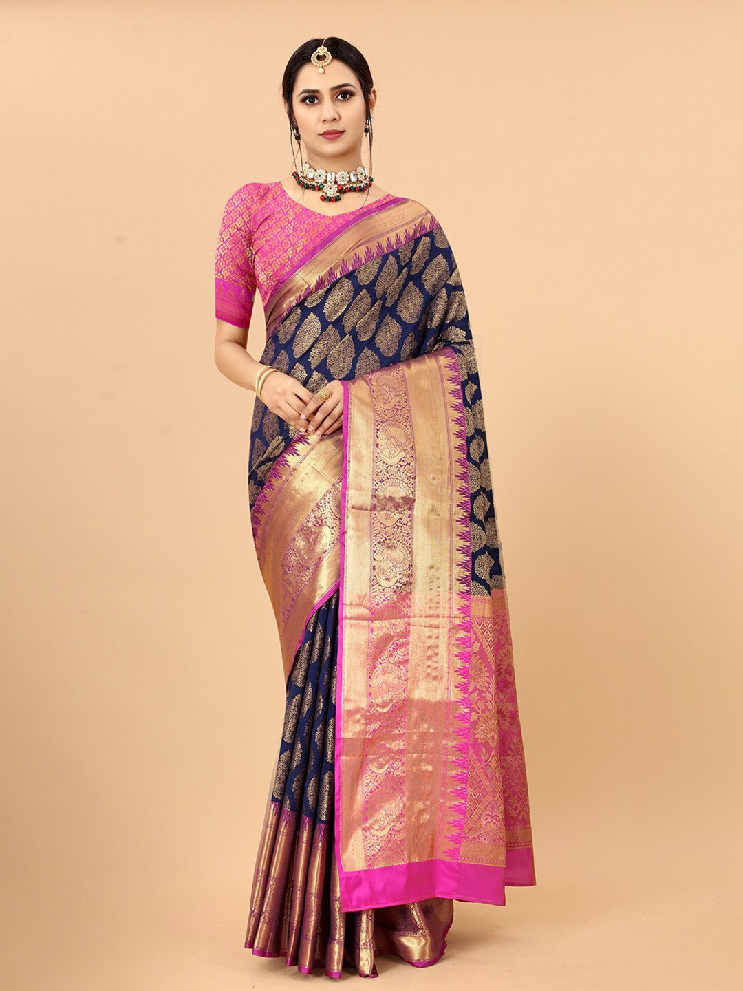 

VANAKARA Ethnic Motifs Woven Design Zari Banarasi Saree, Navy blue