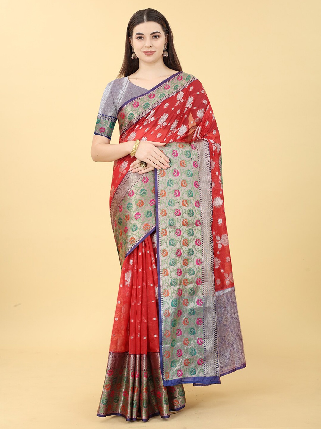 

VANAKARA Floral Woven Design Zari Banarasi Saree, Red