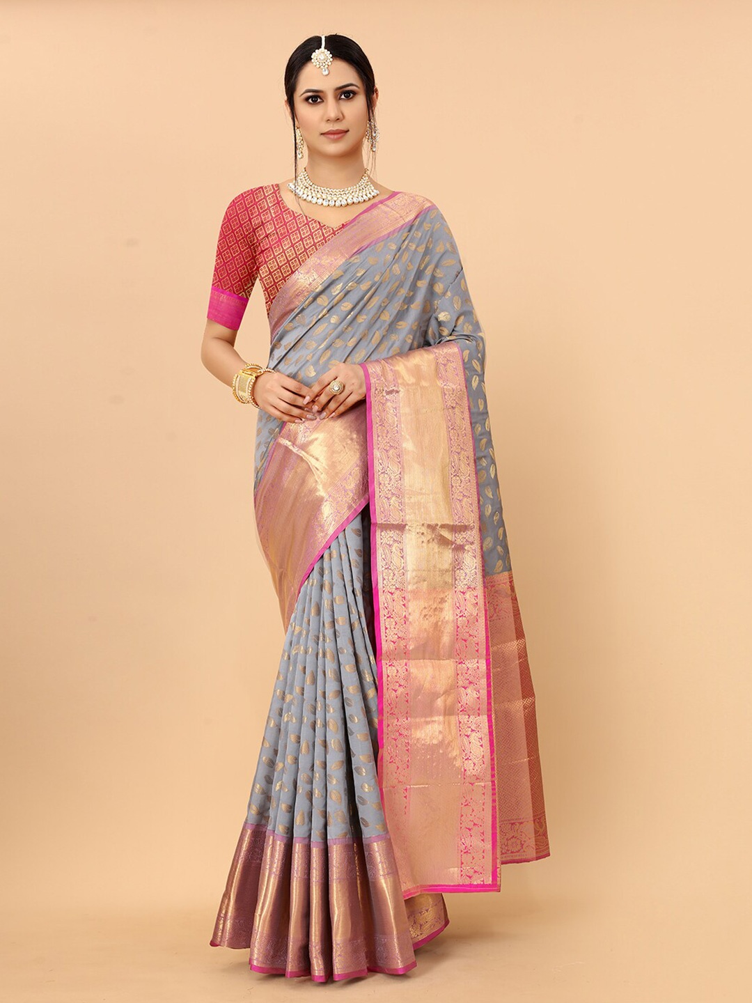 

VANAKARA Floral Woven Design Zari Banarasi Saree, Grey