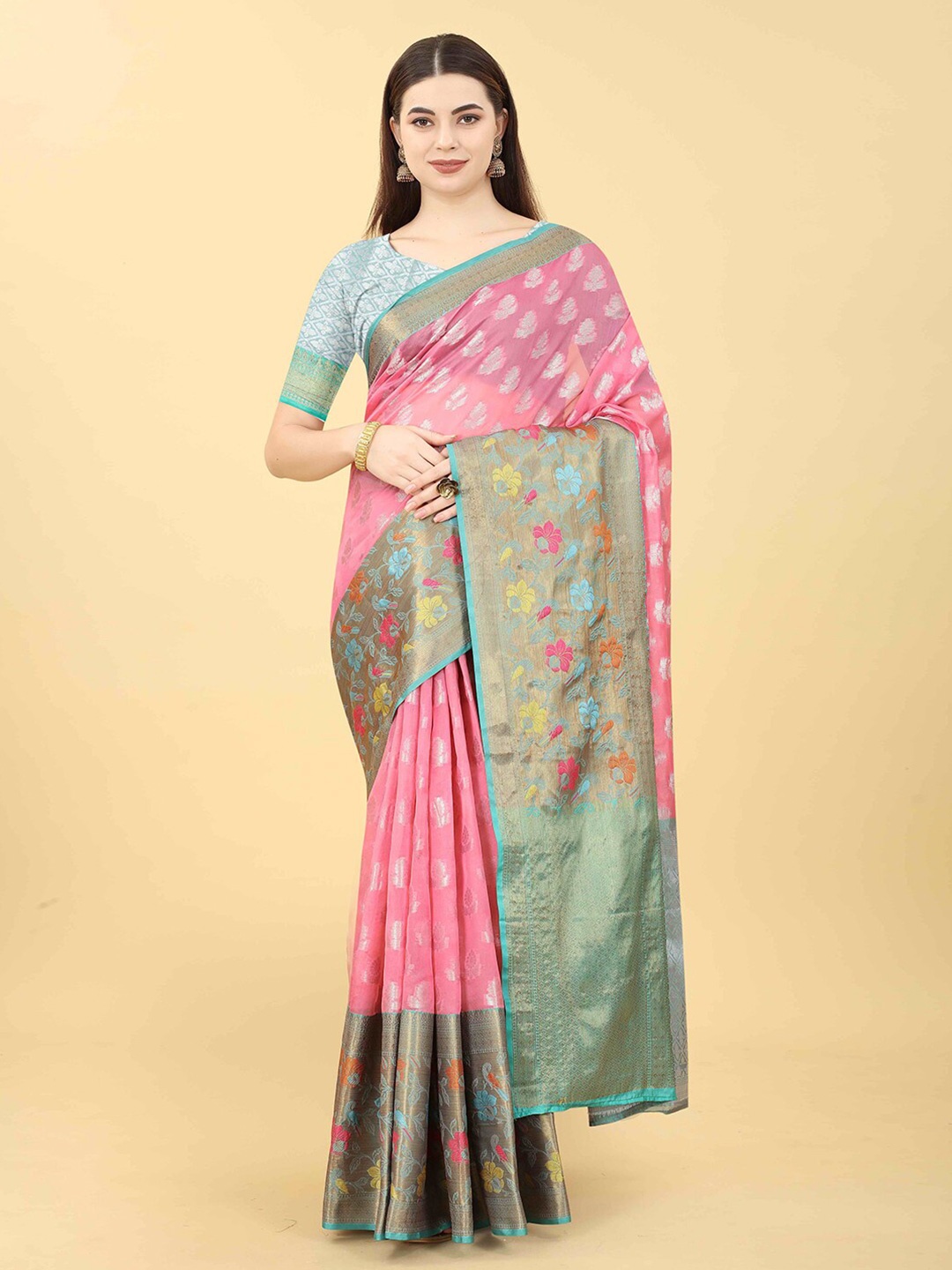 

VANAKARA Floral Woven Design Zari Banarasi Saree, Pink