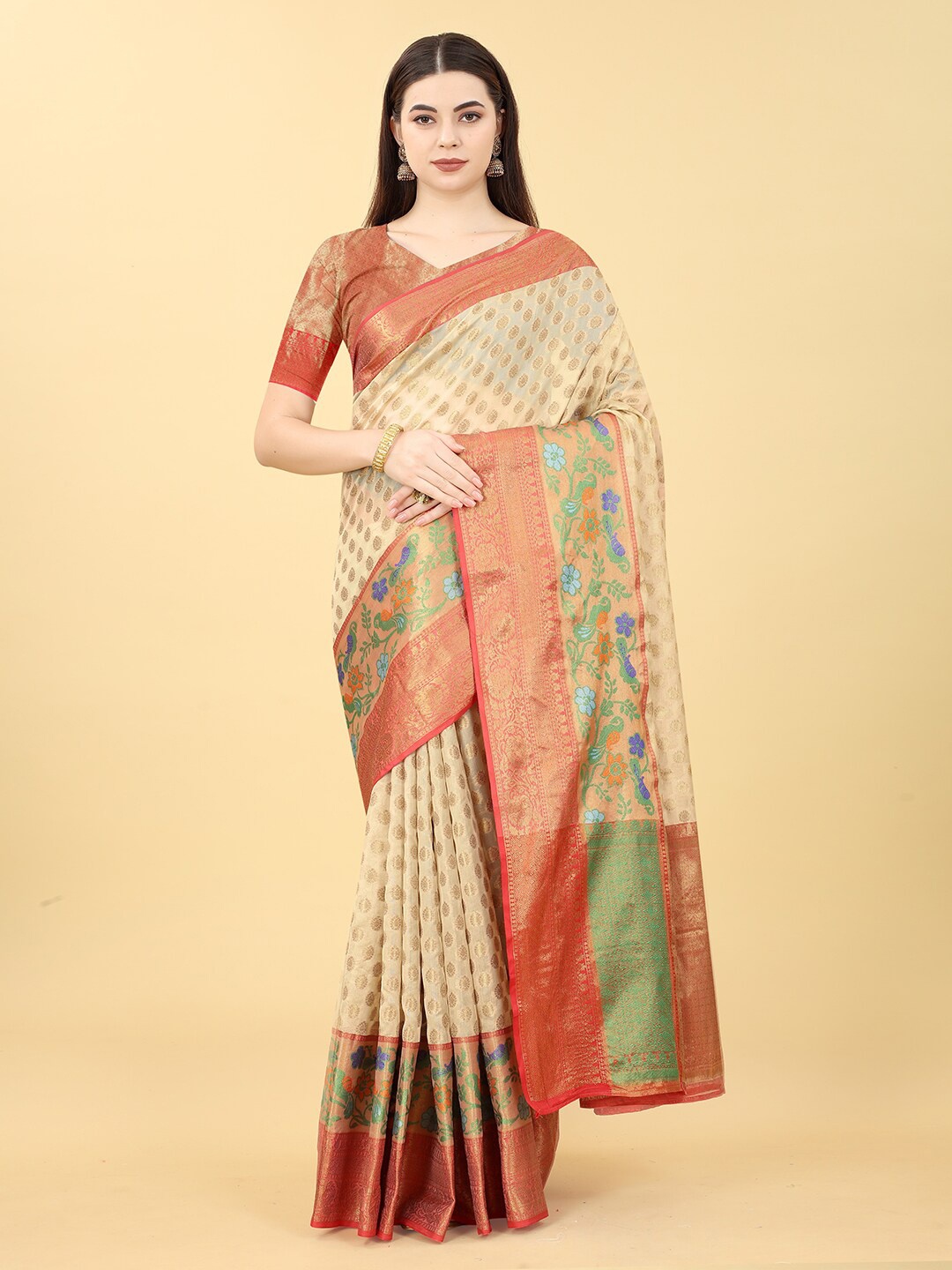 

VANAKARA Floral Woven Design Zari Banarasi Saree, Cream