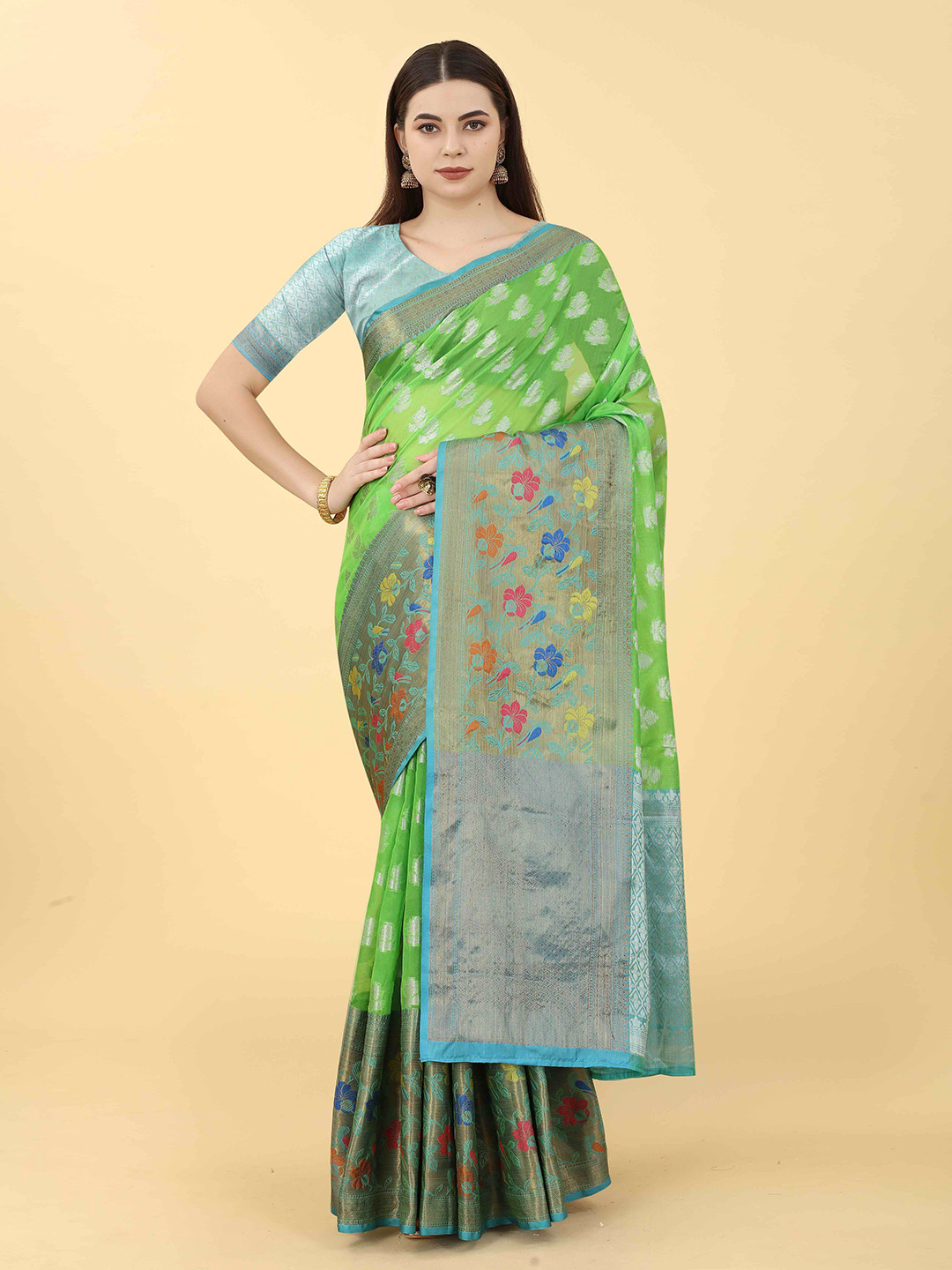 

VANAKARA Ethnic Motifs Woven Design Zari Banarasi Saree, Green