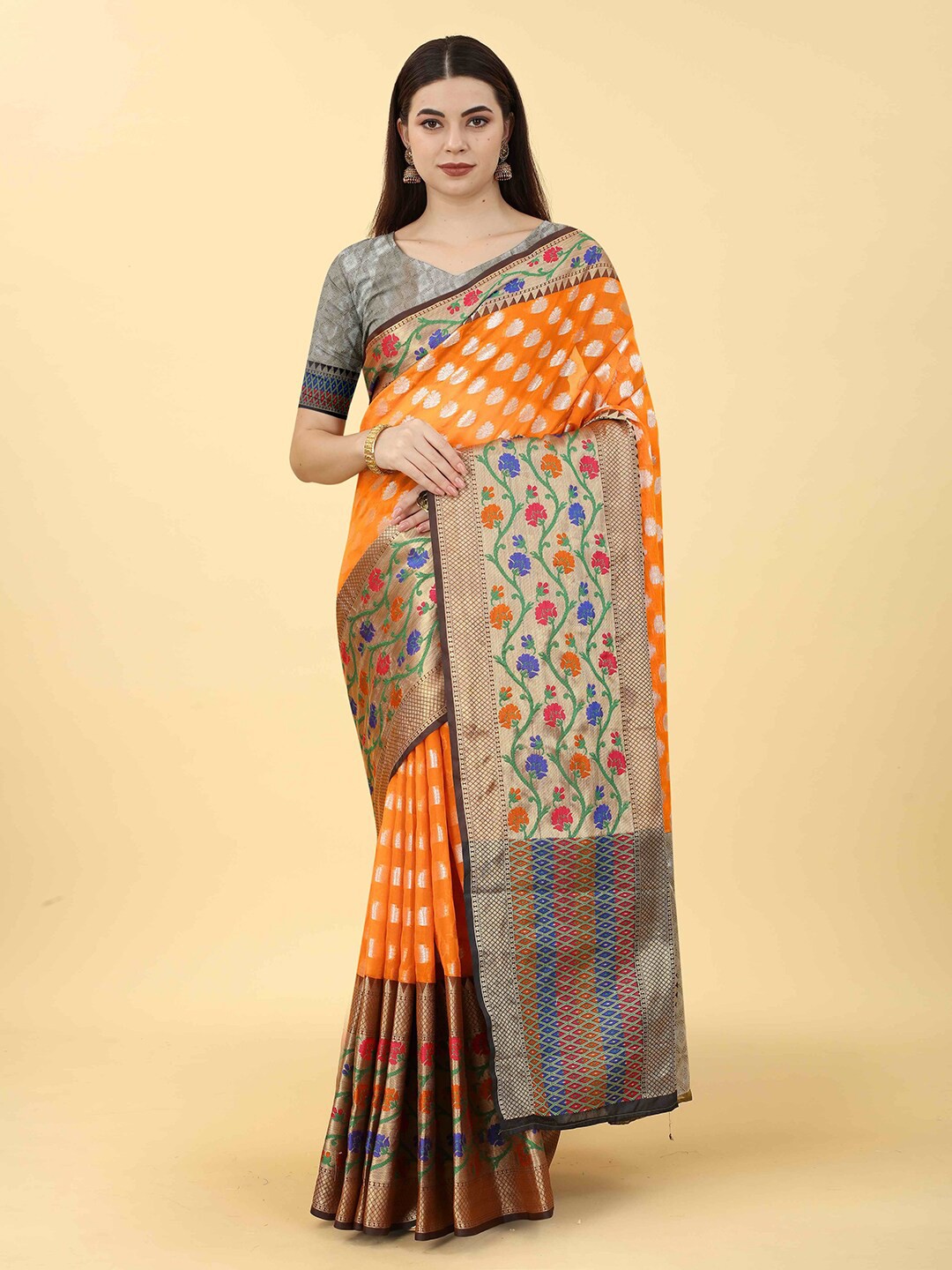 

VANAKARA Floral Woven Design Zari Banarasi Saree, Orange
