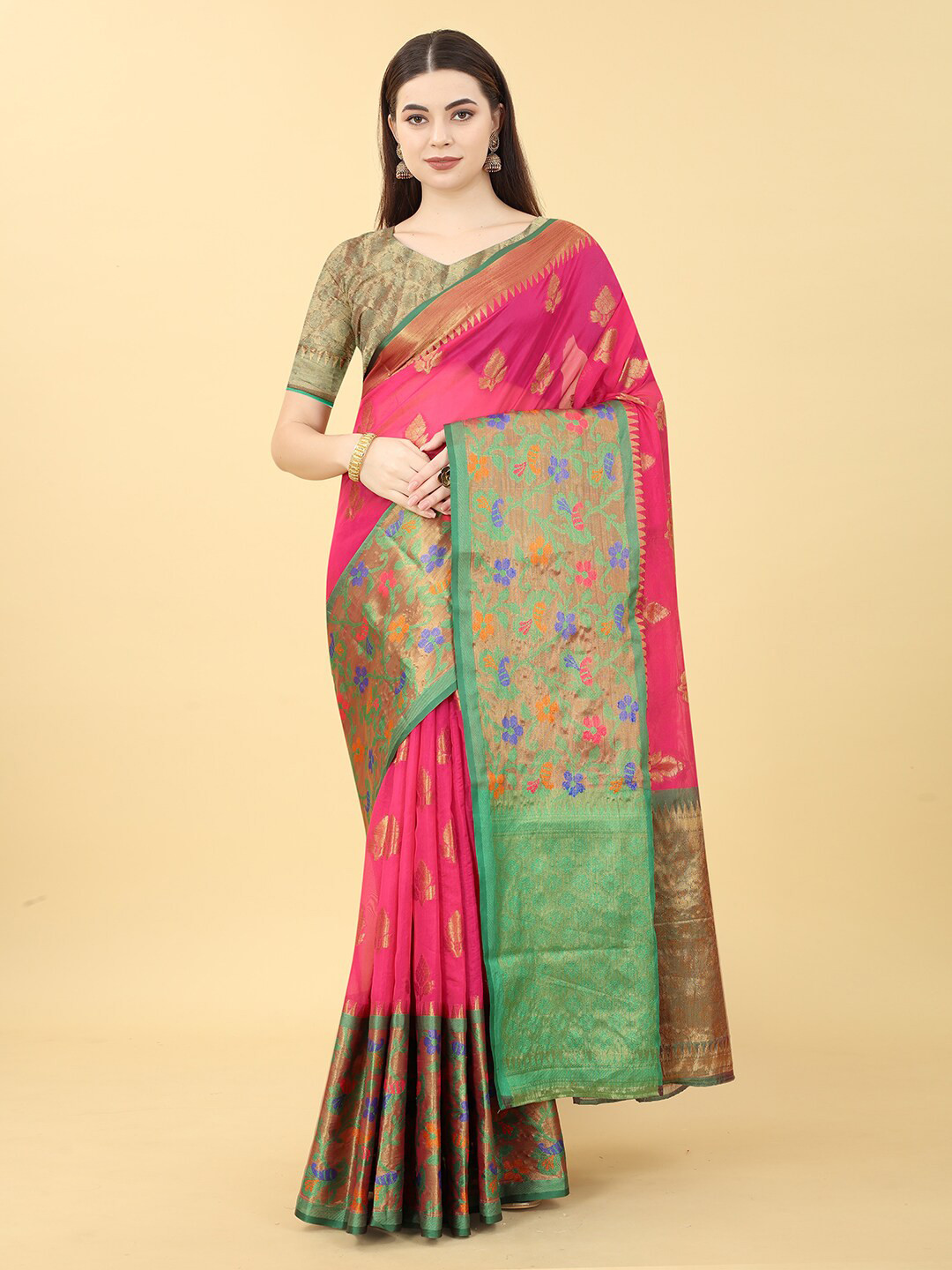 

VANAKARA Ethnic Motifs Woven Design Zari Banarasi Saree, Pink