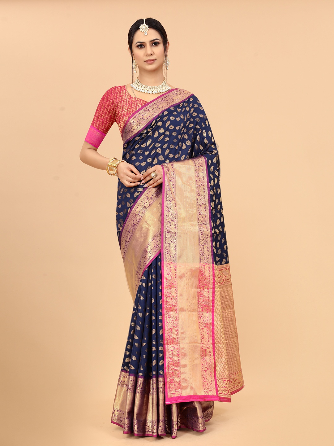 

VANAKARA Floral Woven Design Zari Banarasi Saree, Navy blue