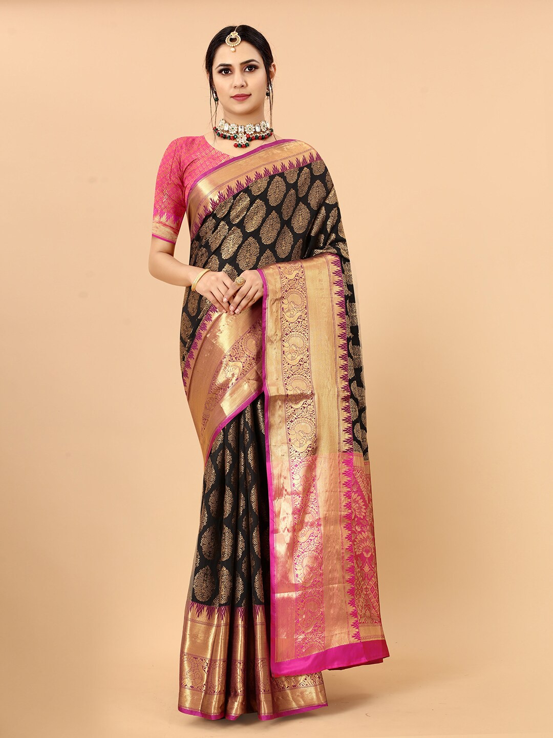 

VANAKARA Ethnic Motifs Woven Design Zari Banarasi Saree, Black