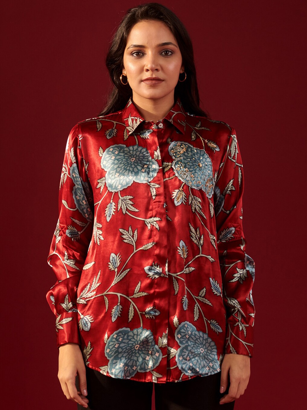 

Ambraee Floral Printed spread collar Long Sleeves Embroidered Party Shirt, Red