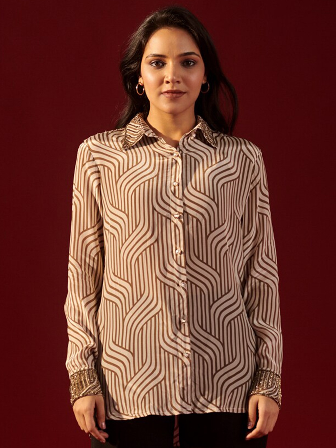 

Ambraee Striped Spread Collar Curved Shirt, Green