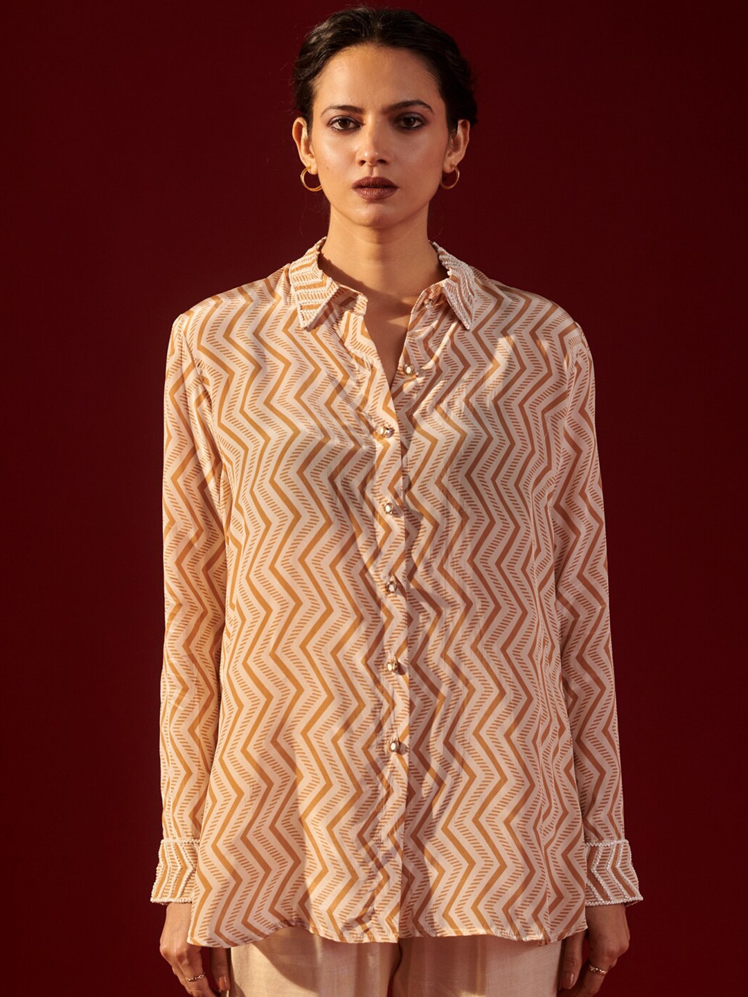 

Ambraee Geometric Printed Spread Collar Embroidered Shirt, Cream